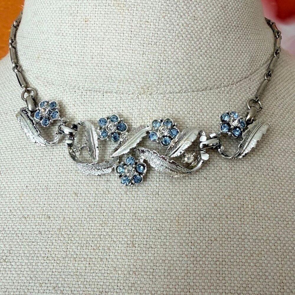 Vintage Blue Rhinestone Floral Leaf Statement Necklace